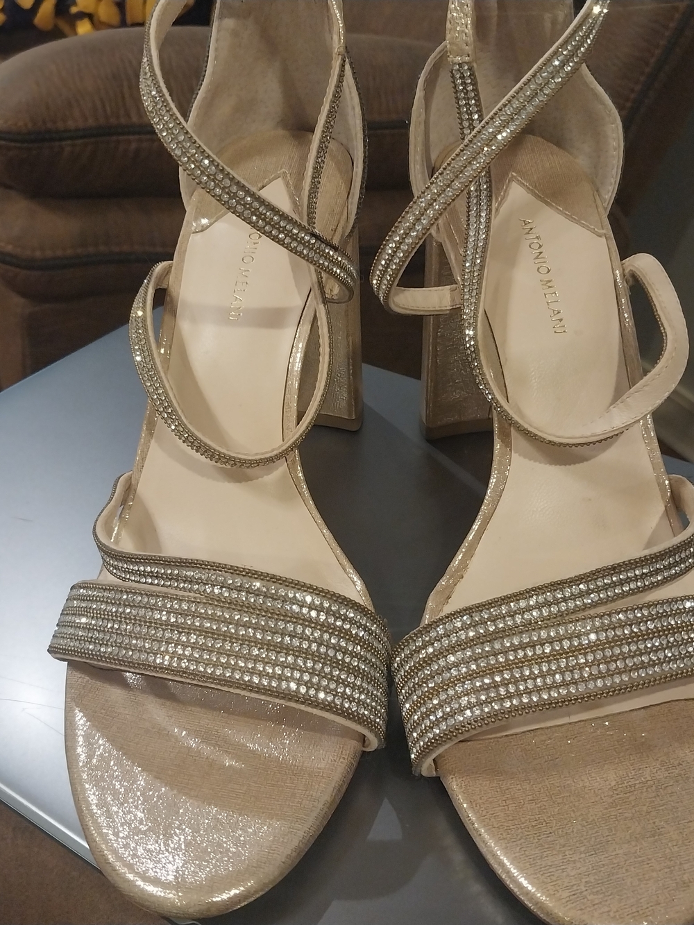 Antonio Melani Gold Strappy Block Heel Sandals